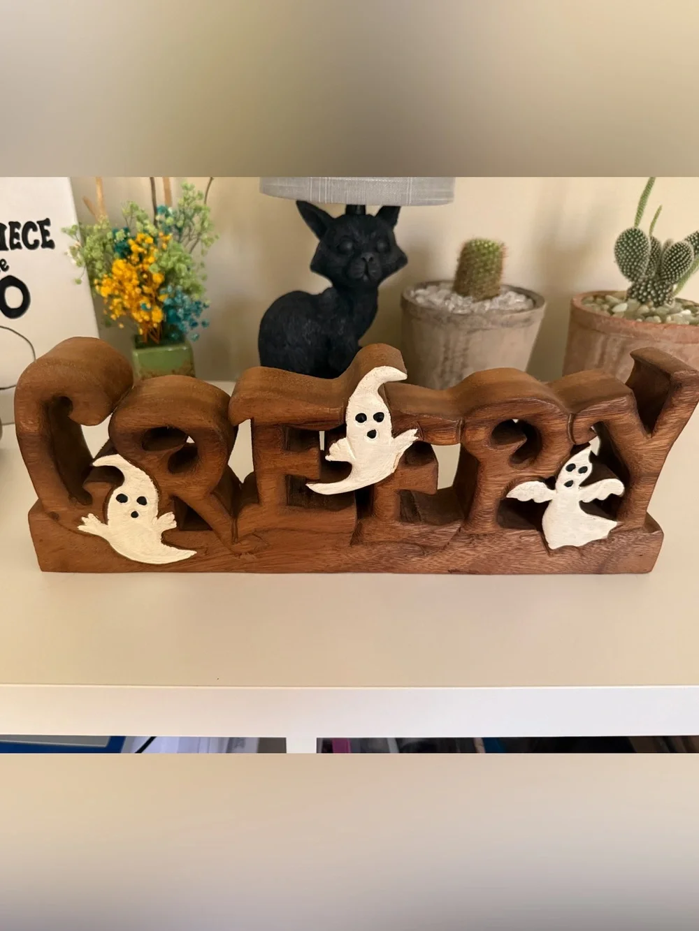 Wooden Halloween Decor CREEPY Decorative Sign with White Ghost Accents